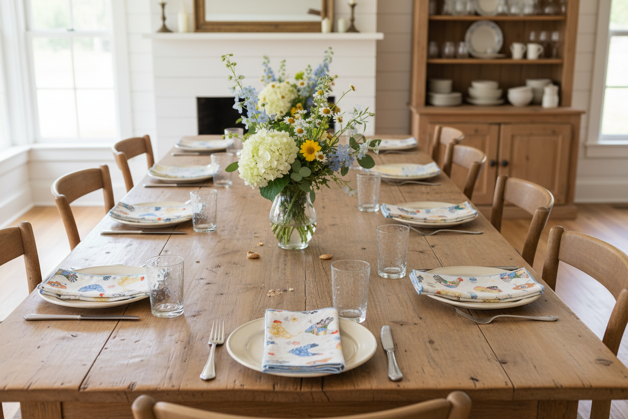Farmhouse table with napkins at all settings