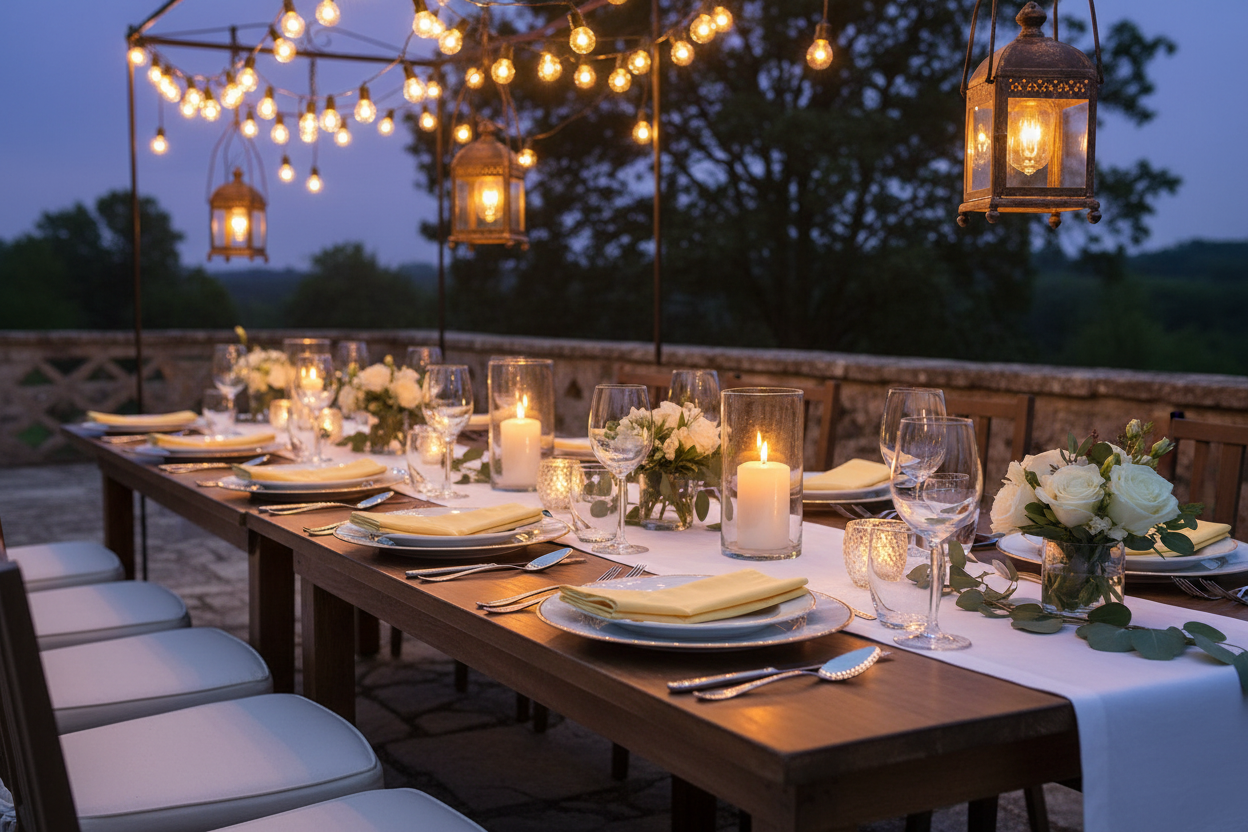 Side view of nighttime outdoor table